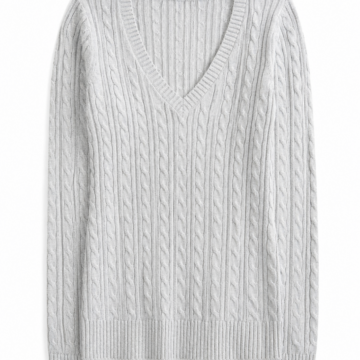 Light Gray V-Neck Cable-Knit Sweater in Relaxed Longline Fit