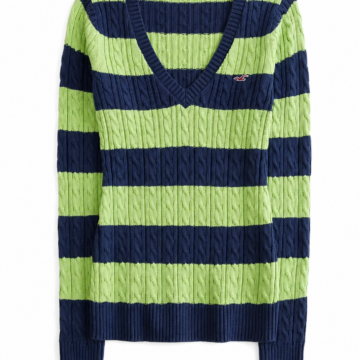 Lime Green and Navy Striped Cable-Knit V-Neck Sweater