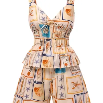 Women's Cream Maritime Print Two-Piece Set with Smocked Crop Top and Wide-Leg Shorts