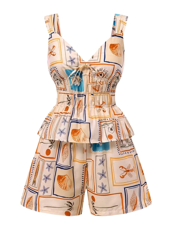 Women's Cream Maritime Print Two-Piece Set with Smocked Crop Top and Wide-Leg Shorts