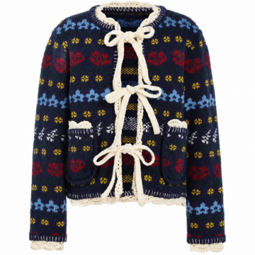 Navy Embroidered Jacquard Cardigan with Floral Motifs and Crochet Trim