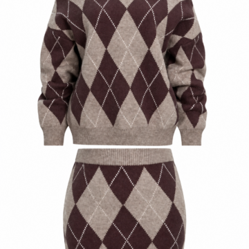 Taupe and Brown Argyle Knit Sweater and Mini Skirt Two-Piece Set