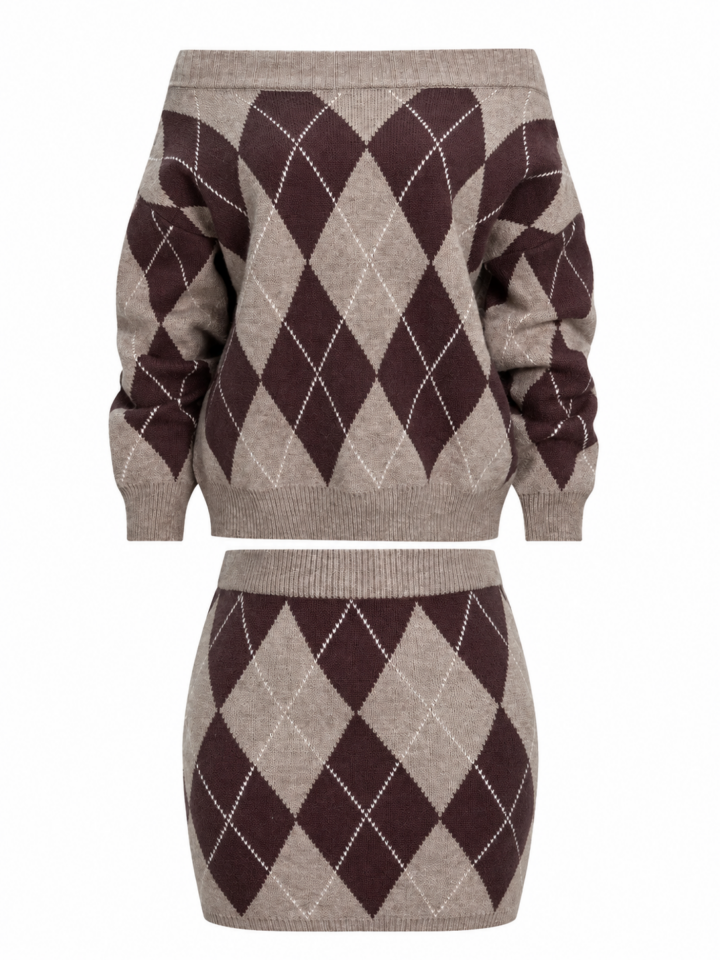 Taupe and Brown Argyle Knit Sweater and Mini Skirt Two-Piece Set
