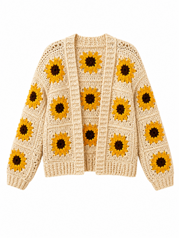 Cream Crocheted Cardigan with Sunflower Motifs