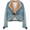 Light-Wash Denim Cropped Curved Hem Jacket with Faux-Fur Trim