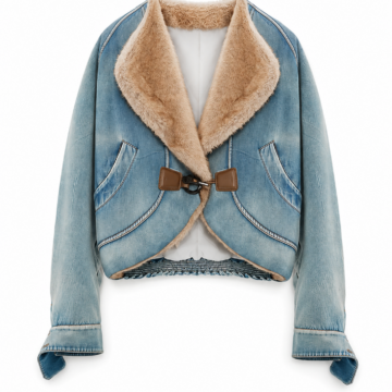 Light-Wash Denim Cropped Curved Hem Jacket with Faux-Fur Trim