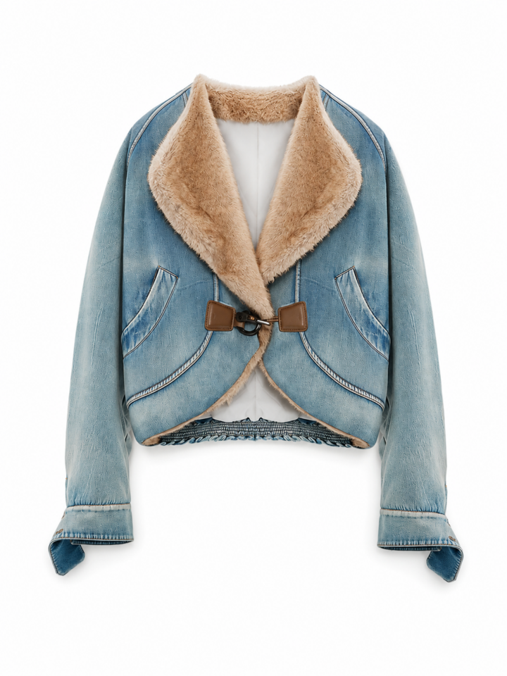 Light-Wash Denim Cropped Curved Hem Jacket with Faux-Fur Trim
