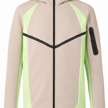 Beige Full-Zip Hooded Jacket with Neon Green Panels