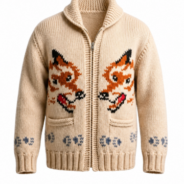 Beige Zip-Up Cardigan Sweater with Fox Intarsia Pattern