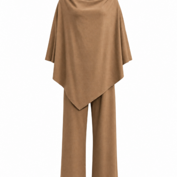 Camel Brown Draped Two-Piece Lounge Set with Cowl-Neck Top and Wide-Leg Pants