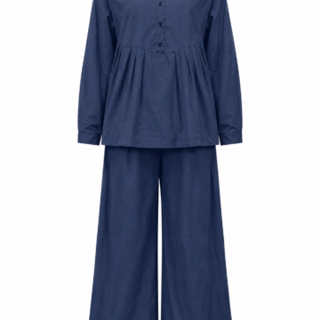 Navy Solid Button-Front Top and Wide-Leg Trouser Two-Piece Set