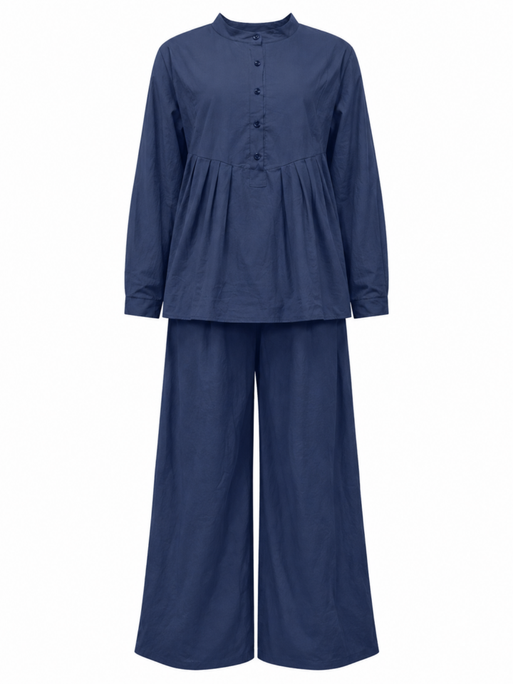 Navy Solid Button-Front Top and Wide-Leg Trouser Two-Piece Set