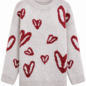 Light Grey Knit Sweater with Red Heart Pattern