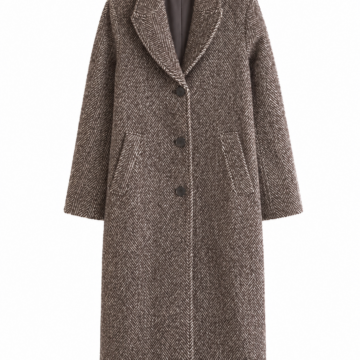 Brown Herringbone Longline Wool Coat