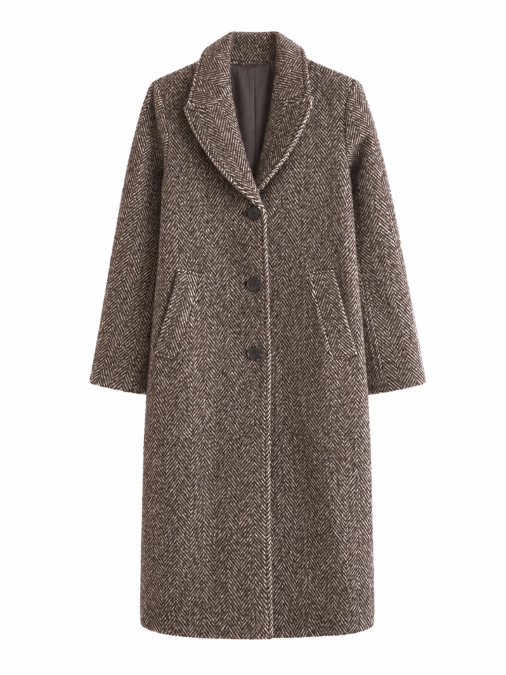 Brown Herringbone Longline Wool Coat