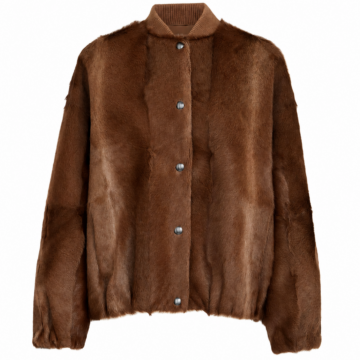 Brown Boxy Faux Fur Jacket with Ribbed Stand Collar