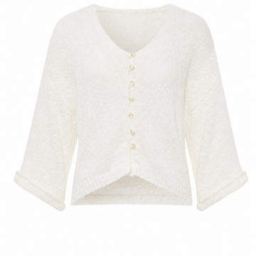 White Cropped Knit Cardigan with V-Neck and Rolled Cuffs