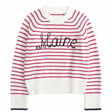 White Knit Sweater with Red Stripes and Crew Neck