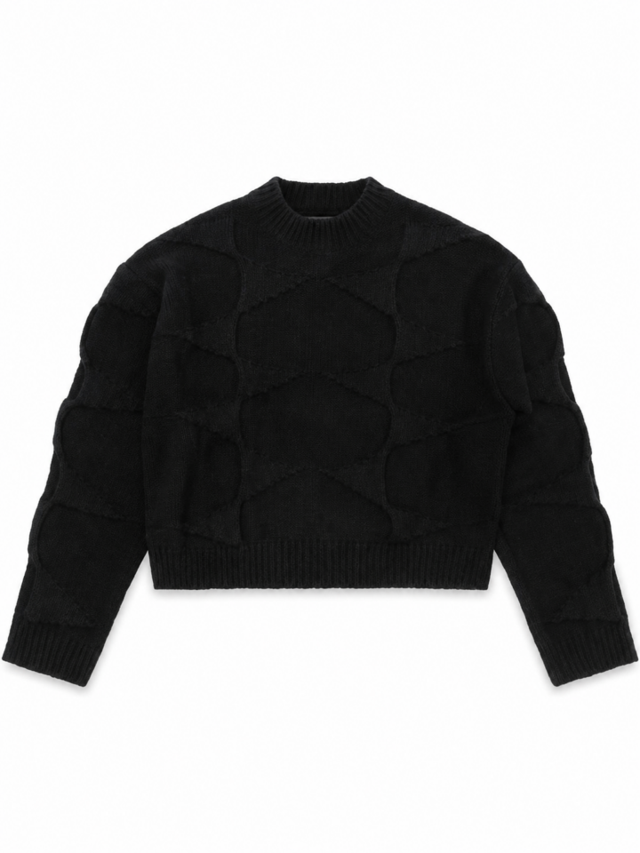 Black Cropped Cable-Knit Sweater