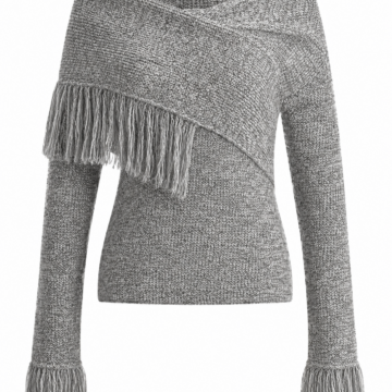 Heather Grey Off-Shoulder Knit Sweater with Fringe Details