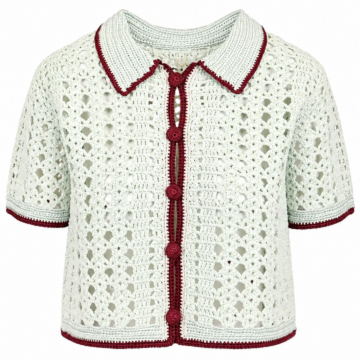 Cream Crochet Cardigan with Red Trim and Short Sleeves
