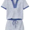 White and Blue Striped Two-Piece Set with Polo Top and Mini Skirt