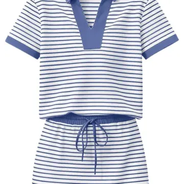 White and Blue Striped Two-Piece Set with Polo Top and Mini Skirt