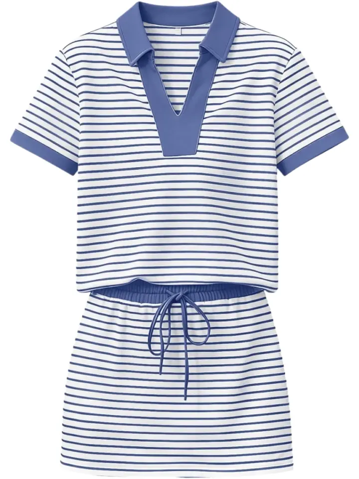White and Blue Striped Two-Piece Set with Polo Top and Mini Skirt