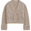 Beige Cropped Knit Cardigan with Pointelle Pattern and Gold Buttons