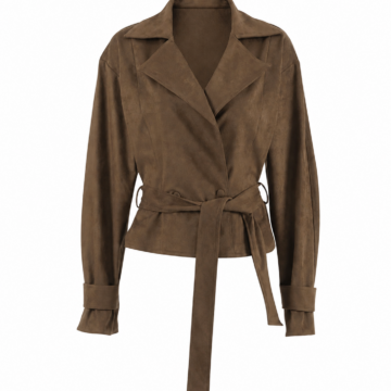 Dark Brown Faux-Suede Wrap Coat with Tie Belt