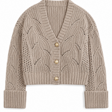 Beige Cropped Knit Cardigan with Pointelle Pattern and Gold Buttons