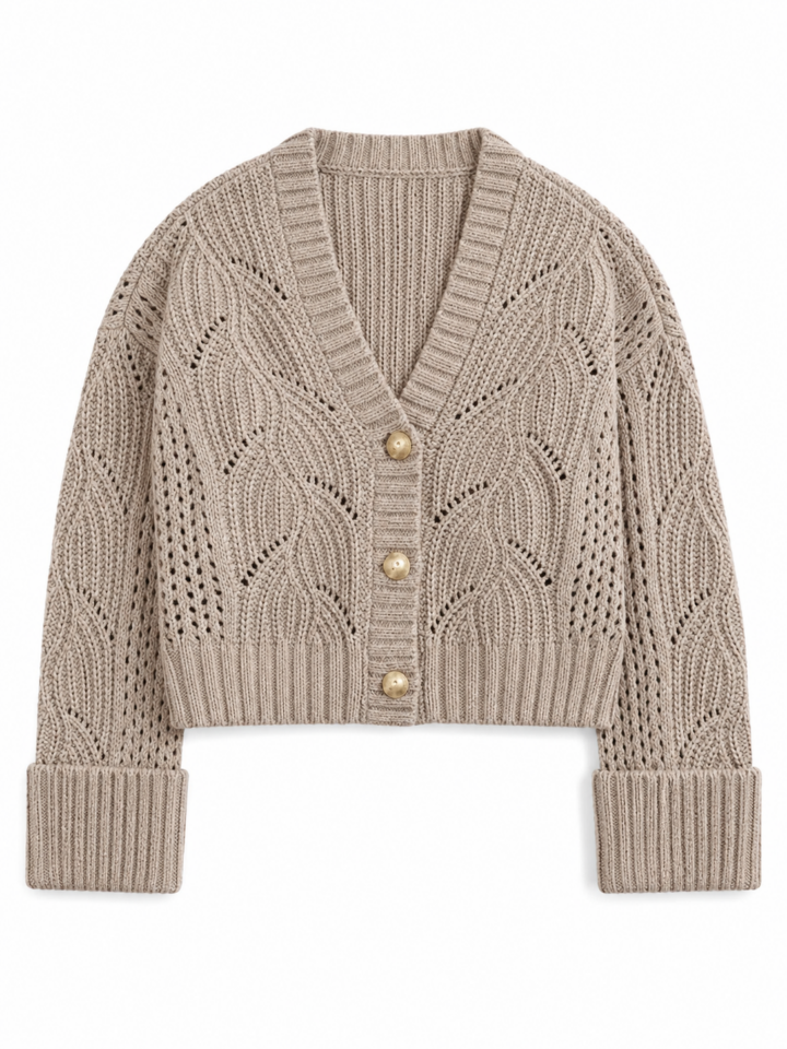 Beige Cropped Knit Cardigan with Pointelle Pattern and Gold Buttons