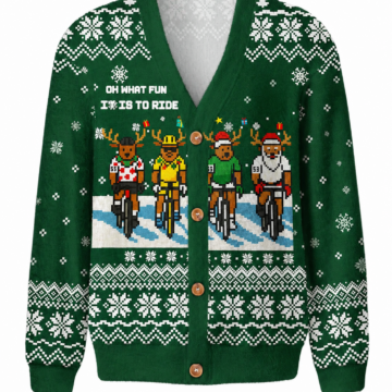 Green Holiday Cardigan with Reindeer Cyclists Pattern