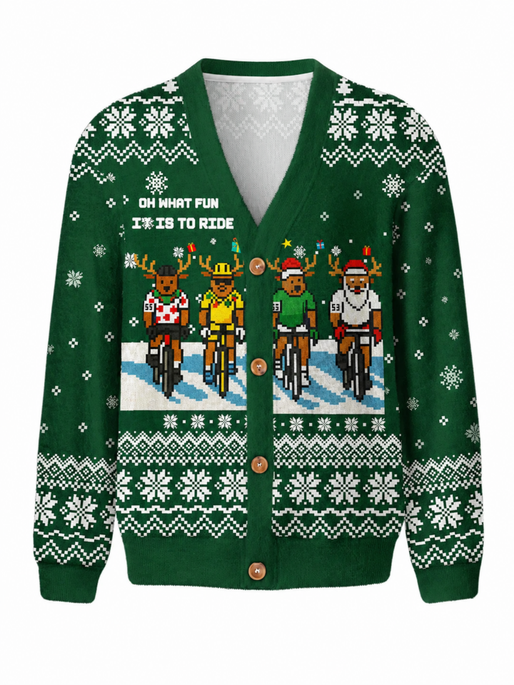 Green Holiday Cardigan with Reindeer Cyclists Pattern