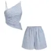 Blue and White Vertical Striped Two-Piece Set with Crop Top and Shorts