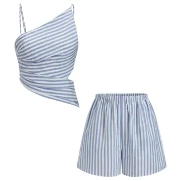 Blue and White Vertical Striped Two-Piece Set with Crop Top and Shorts
