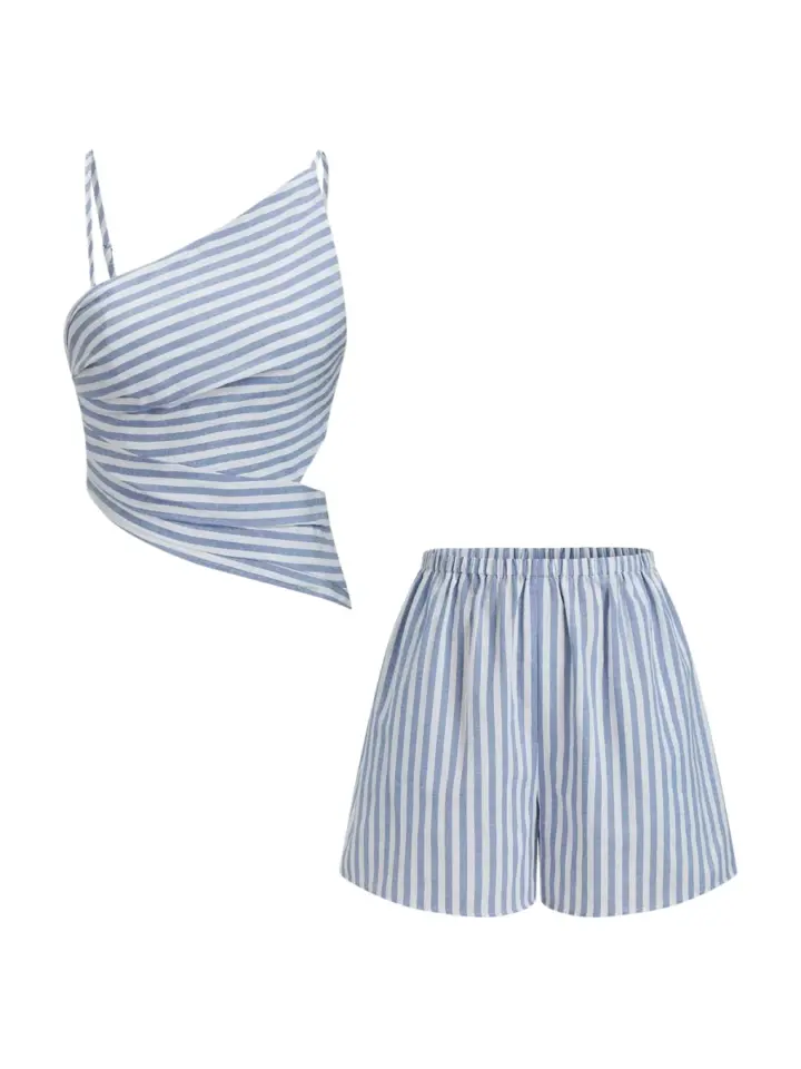 Blue and White Vertical Striped Two-Piece Set with Crop Top and Shorts