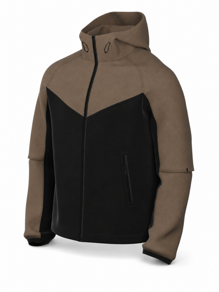 Olive Green and Black Color-Blocked Full-Zip Hooded Jacket