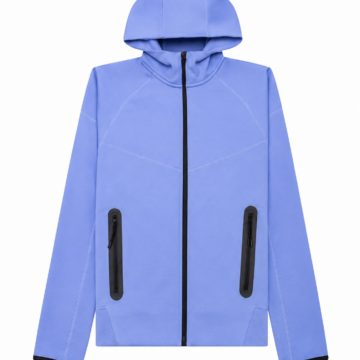 Light Blue Full-Zip Hooded Jacket with Black Trim