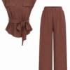 Women's Brown Ribbed Two-Piece Set with Cap Sleeve Top and Wide-Leg Pants