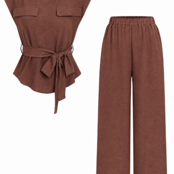 Women's Brown Ribbed Two-Piece Set with Cap Sleeve Top and Wide-Leg Pants