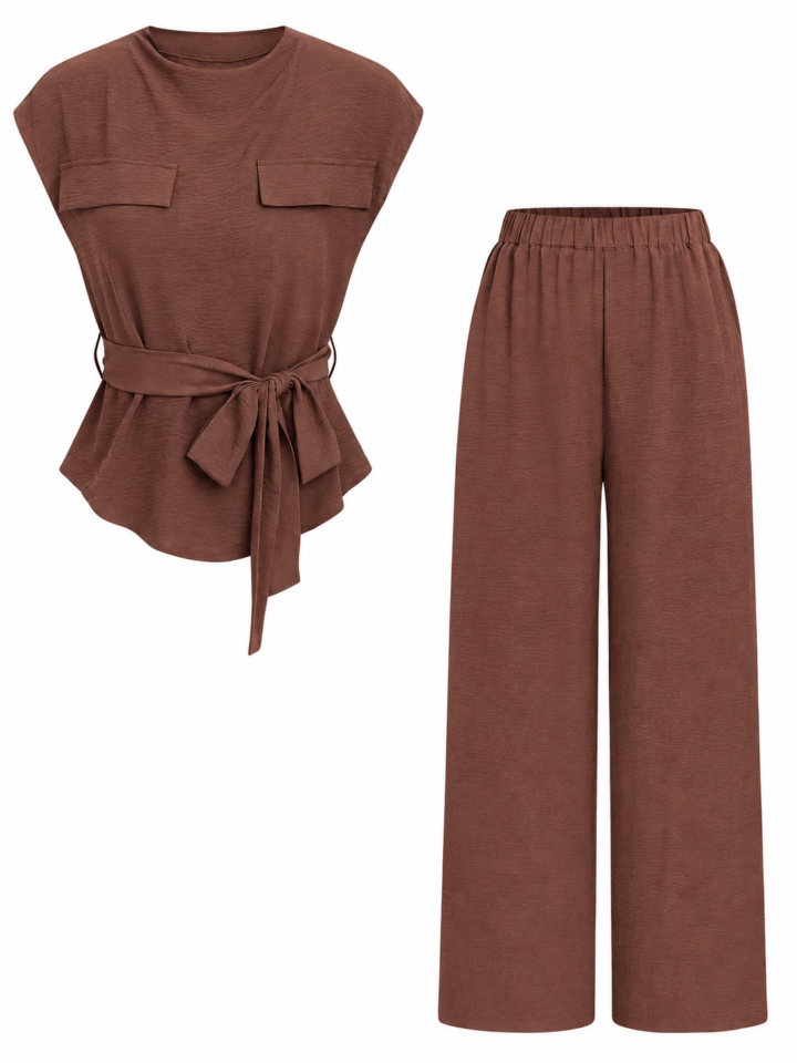 Women's Brown Ribbed Two-Piece Set with Cap Sleeve Top and Wide-Leg Pants