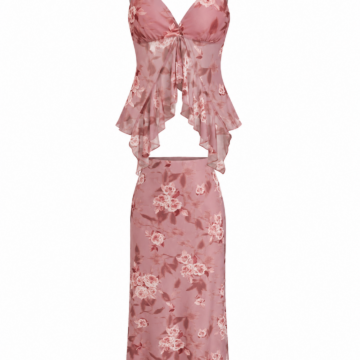 Dusty Rose Floral Print Camisole and Midi Skirt Two-Piece Set