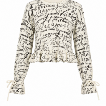 Off-White Long-Sleeve Blouse with Black Script Pattern and Peplum Hem